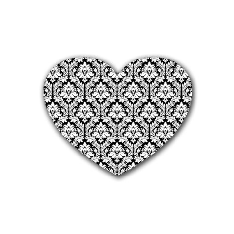 White On Black Damask Drink Coasters (Heart) from ArtsNow.com Front