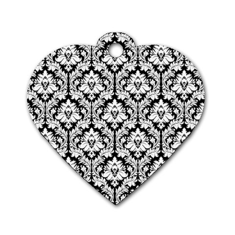 White On Black Damask Dog Tag Heart (One Sided)  from ArtsNow.com Front