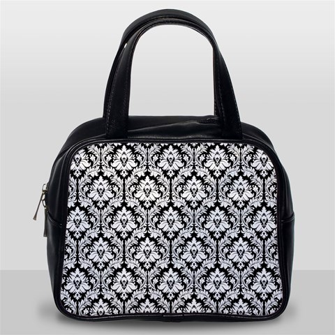 White On Black Damask Classic Handbag (One Side) from ArtsNow.com Front