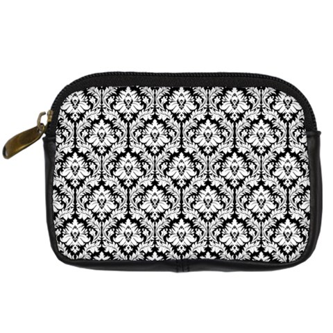 White On Black Damask Digital Camera Leather Case from ArtsNow.com Front