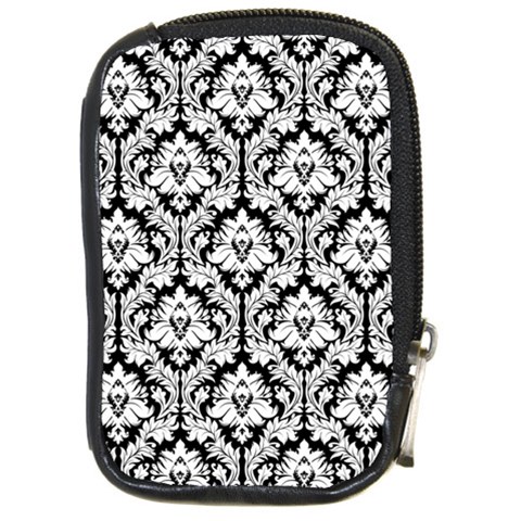 White On Black Damask Compact Camera Leather Case from ArtsNow.com Front