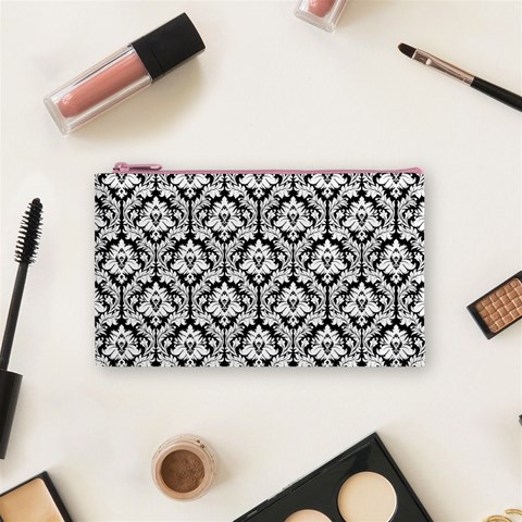 Black & White Damask Pattern Cosmetic Bag (Small) from ArtsNow.com Front