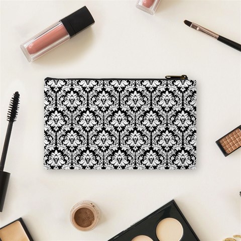 Black & White Damask Pattern Cosmetic Bag (Small) from ArtsNow.com Back