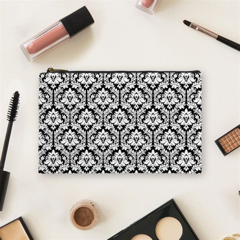 Black & White Damask Pattern Cosmetic Bag (Medium) from ArtsNow.com Front