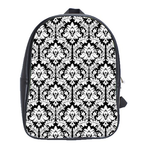 Black & White Damask Pattern School Bag (Large) from ArtsNow.com Front