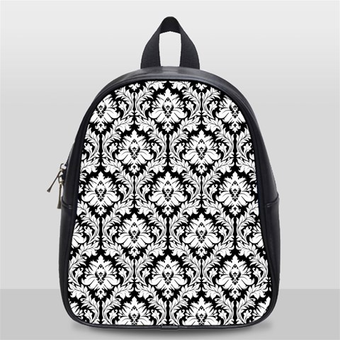 White On Black Damask School Bag (Small) from ArtsNow.com Front