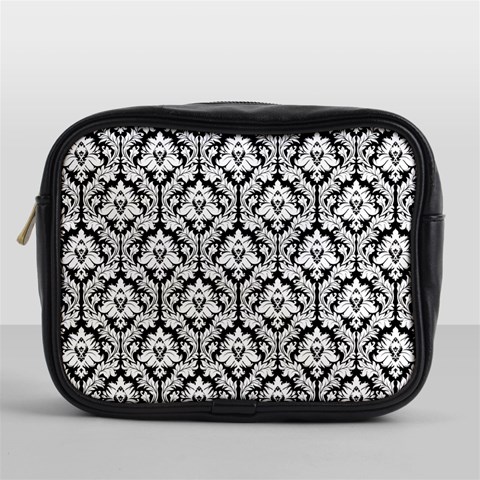 White On Black Damask Mini Travel Toiletry Bag (One Side) from ArtsNow.com Front