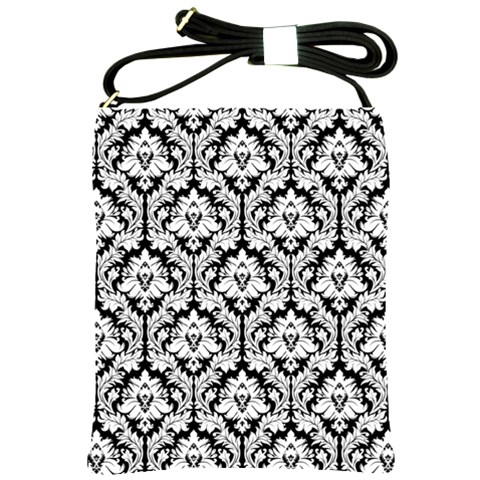 Black & White Damask Pattern Shoulder Sling Bag from ArtsNow.com Front