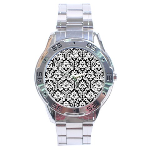 White On Black Damask Stainless Steel Watch from ArtsNow.com Front