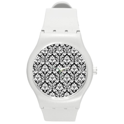 White On Black Damask Plastic Sport Watch (Medium) from ArtsNow.com Front