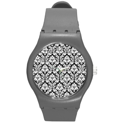 White On Black Damask Plastic Sport Watch (Medium) from ArtsNow.com Front