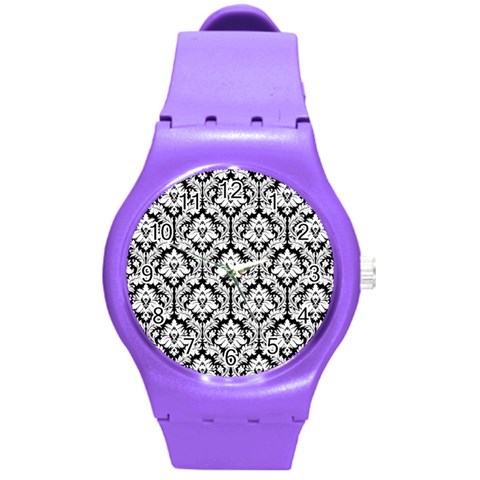 White On Black Damask Plastic Sport Watch (Medium) from ArtsNow.com Front