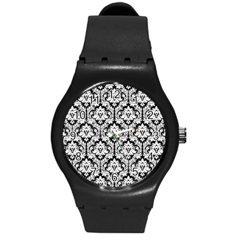 White On Black Damask Plastic Sport Watch (Medium) from ArtsNow.com Front