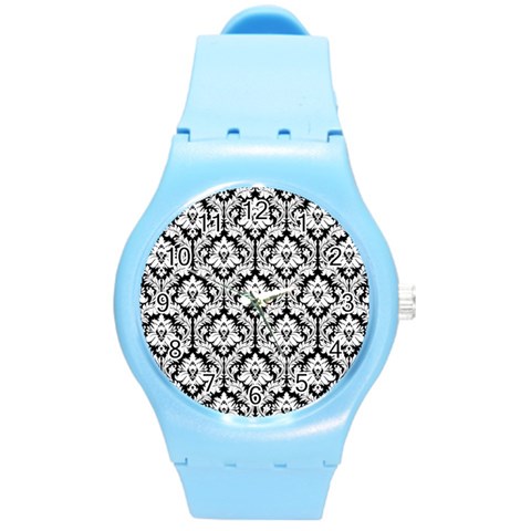 White On Black Damask Plastic Sport Watch (Medium) from ArtsNow.com Front