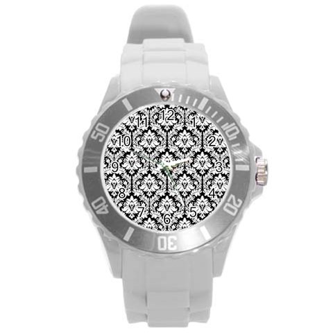 White On Black Damask Plastic Sport Watch (Large) from ArtsNow.com Front