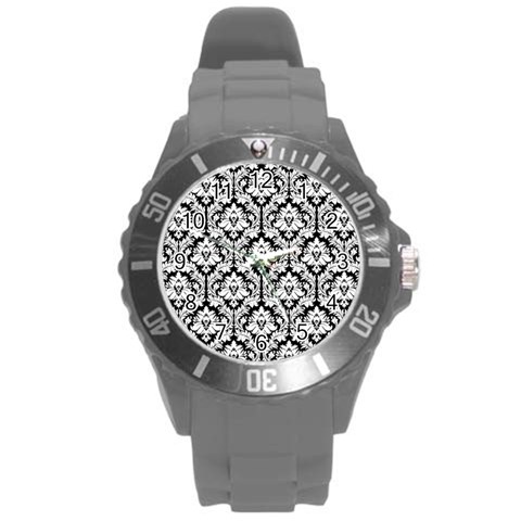 White On Black Damask Plastic Sport Watch (Large) from ArtsNow.com Front