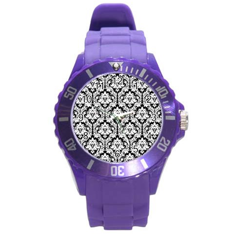 White On Black Damask Plastic Sport Watch (Large) from ArtsNow.com Front