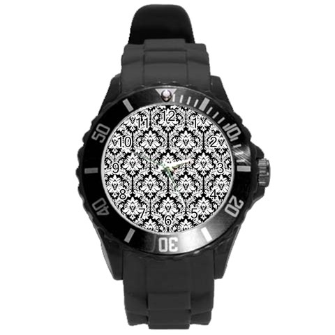 White On Black Damask Plastic Sport Watch (Large) from ArtsNow.com Front