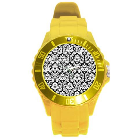 White On Black Damask Plastic Sport Watch (Large) from ArtsNow.com Front