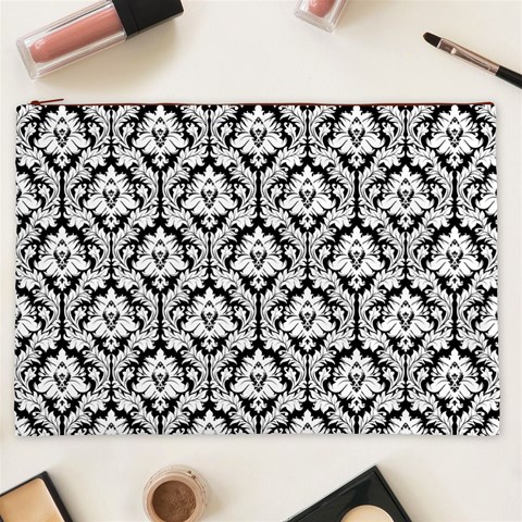 White On Black Damask Cosmetic Bag (XXL) from ArtsNow.com Front