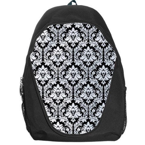 White On Black Damask Backpack Bag from ArtsNow.com Front