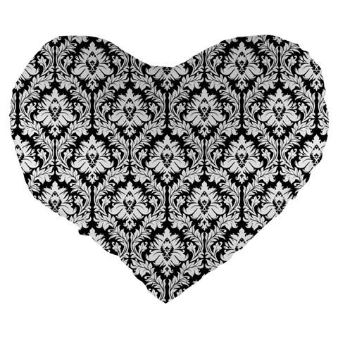 Black & White Damask Pattern Large 19  Premium Heart Shape Cushion from ArtsNow.com Back