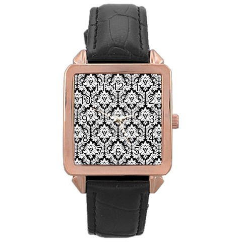 White On Black Damask Rose Gold Leather Watch  from ArtsNow.com Front