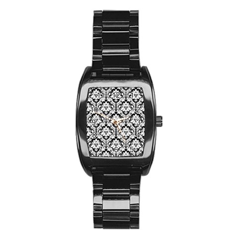 White On Black Damask Stainless Steel Barrel Watch from ArtsNow.com Front