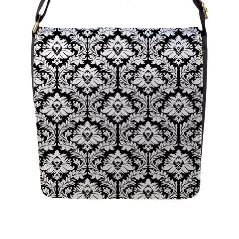 Black & White Damask Pattern Flap Closure Messenger Bag (L) from ArtsNow.com Front