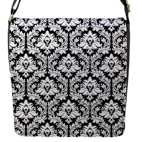 Black & White Damask Pattern Flap Closure Messenger Bag (S) from ArtsNow.com Front