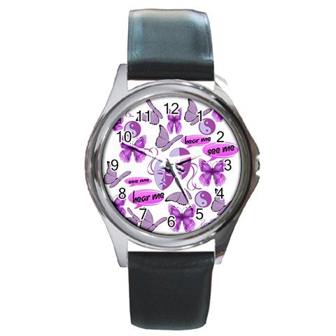 Invisible Illness Collage Round Leather Watch (Silver Rim) from ArtsNow.com Front