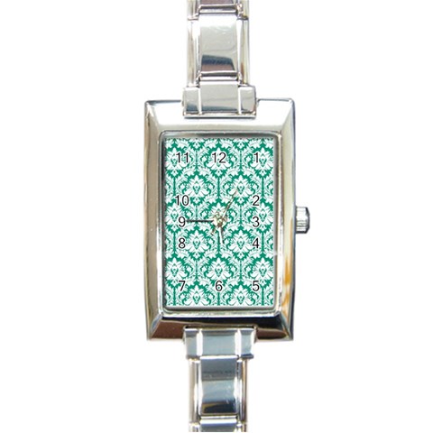 White On Emerald Green Damask Rectangular Italian Charm Watch from ArtsNow.com Front