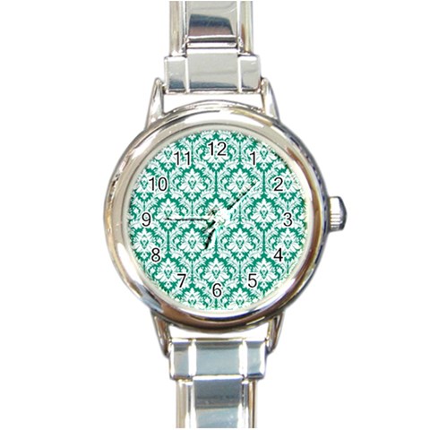 White On Emerald Green Damask Round Italian Charm Watch from ArtsNow.com Front