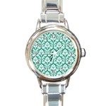 White On Emerald Green Damask Round Italian Charm Watch