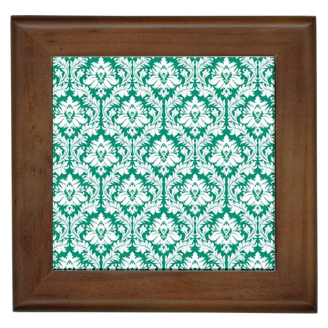 White On Emerald Green Damask Framed Ceramic Tile from ArtsNow.com Front