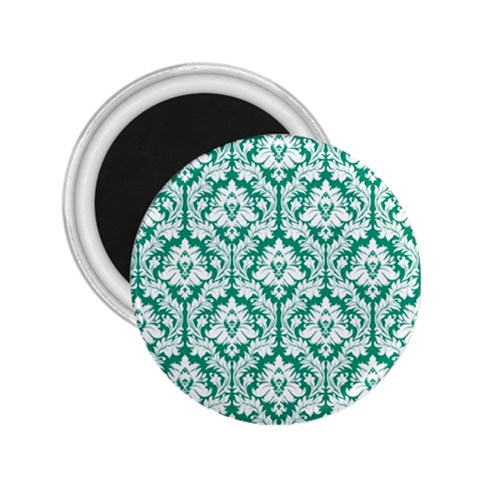 White On Emerald Green Damask 2.25  Button Magnet from ArtsNow.com Front