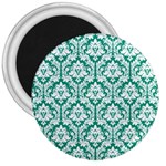 White On Emerald Green Damask 3  Button Magnet