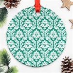 White On Emerald Green Damask Round Ornament