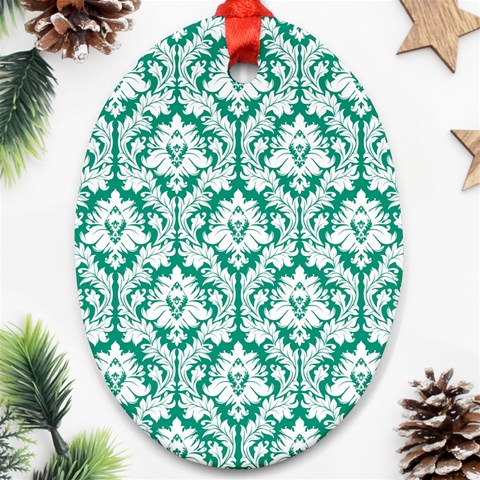 White On Emerald Green Damask Oval Ornament from ArtsNow.com Front