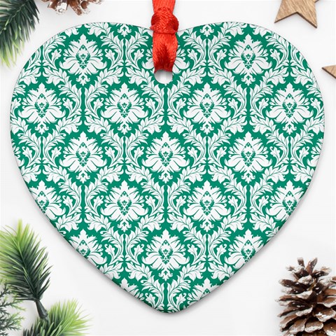 White On Emerald Green Damask Heart Ornament from ArtsNow.com Front