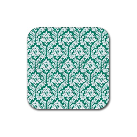 White On Emerald Green Damask Drink Coaster (Square) from ArtsNow.com Front