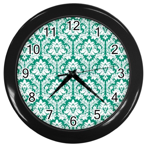 White On Emerald Green Damask Wall Clock (Black) from ArtsNow.com Front