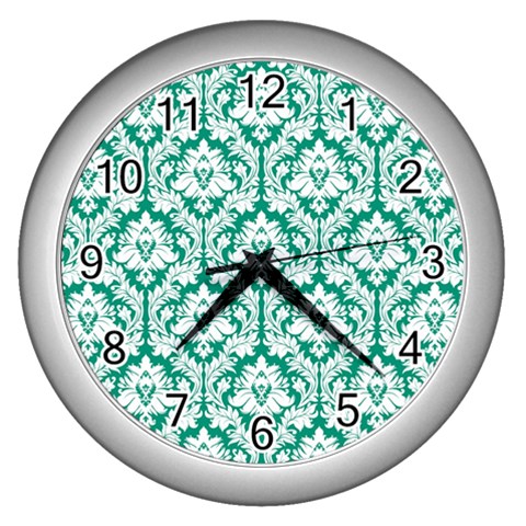 White On Emerald Green Damask Wall Clock (Silver) from ArtsNow.com Front