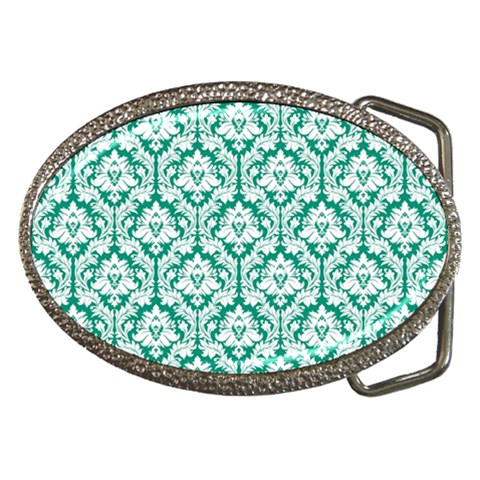 White On Emerald Green Damask Belt Buckle (Oval) from ArtsNow.com Front