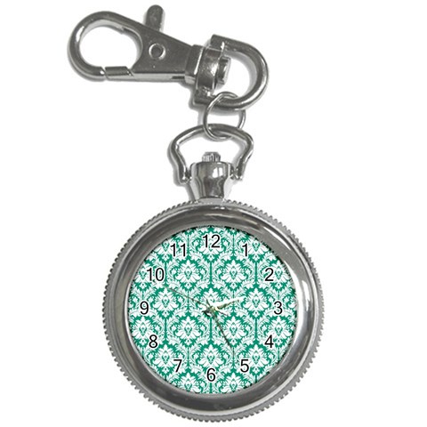 White On Emerald Green Damask Key Chain Watch from ArtsNow.com Front