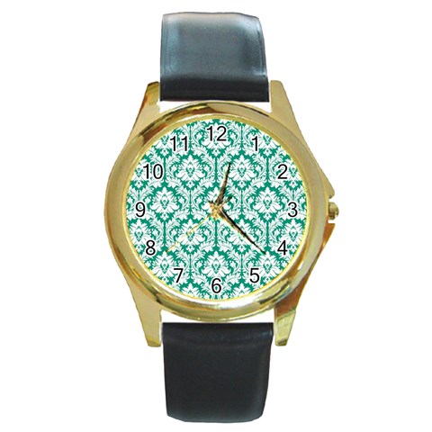 White On Emerald Green Damask Round Leather Watch (Gold Rim)  from ArtsNow.com Front