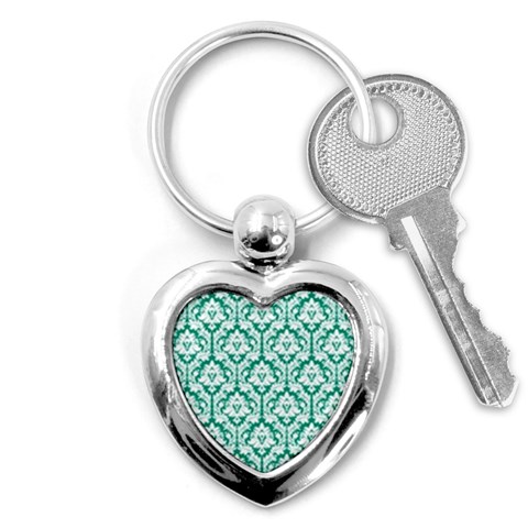 White On Emerald Green Damask Key Chain (Heart) from ArtsNow.com Front