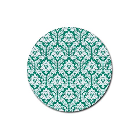 White On Emerald Green Damask Drink Coasters 4 Pack (Round) from ArtsNow.com Front