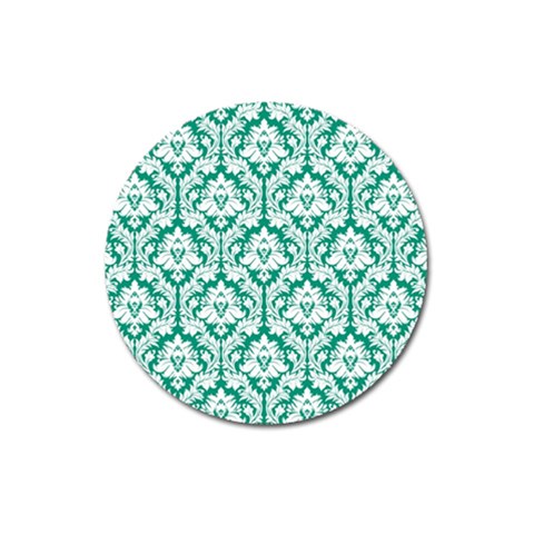 White On Emerald Green Damask Magnet 3  (Round) from ArtsNow.com Front