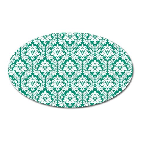 White On Emerald Green Damask Magnet (Oval) from ArtsNow.com Front